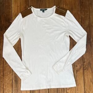 Women’s Ralph Lauren top White classic Long Sleeve Top with Tan suede Accents
